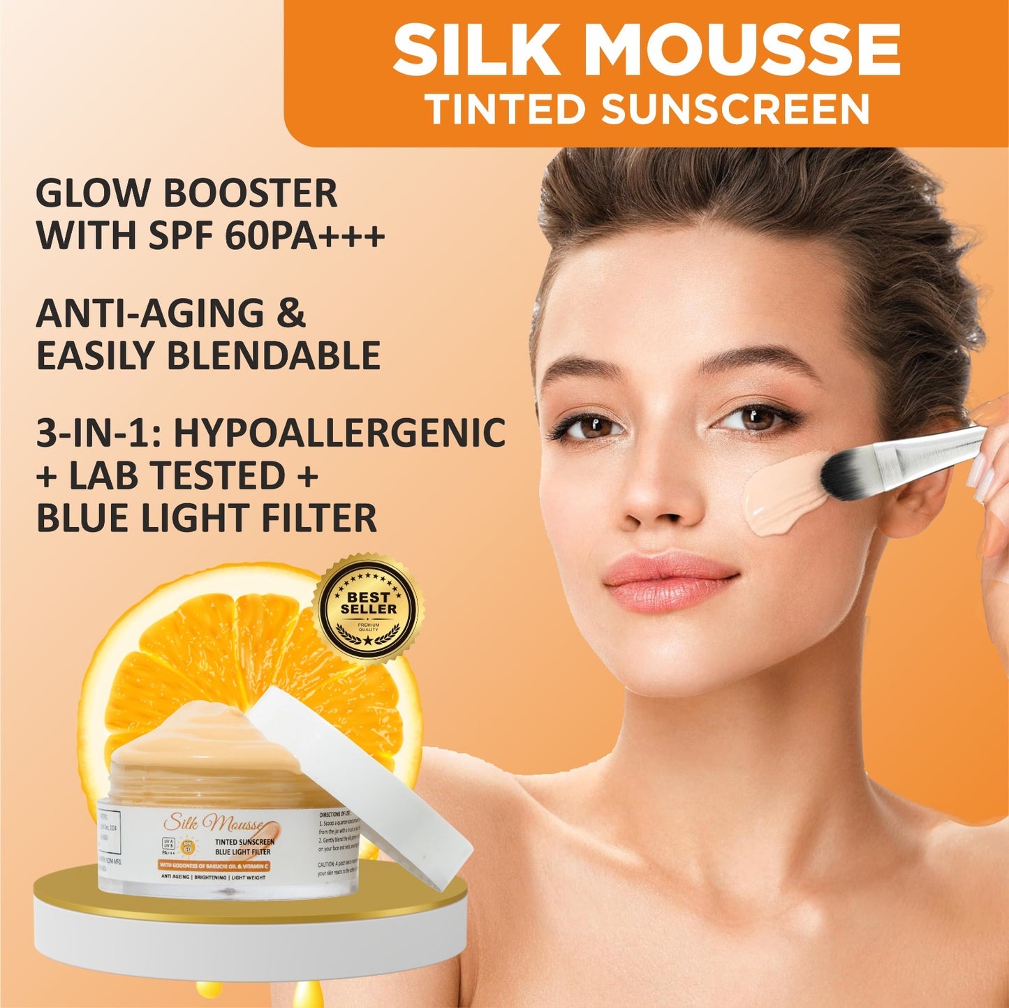 SILK PRIMER with MOUSSE TINTED SUNSREEN SPF 60 PA+++ Blue Light Filter (Lab Tested)