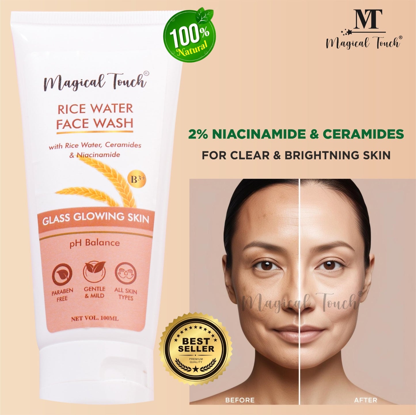 Magical Touch Korean Rice Water Facewash for Glowing Skin | Brightening, Deep Cleansing & Tan Removal | Anti-Dullness & Gentle Daily Cleanser