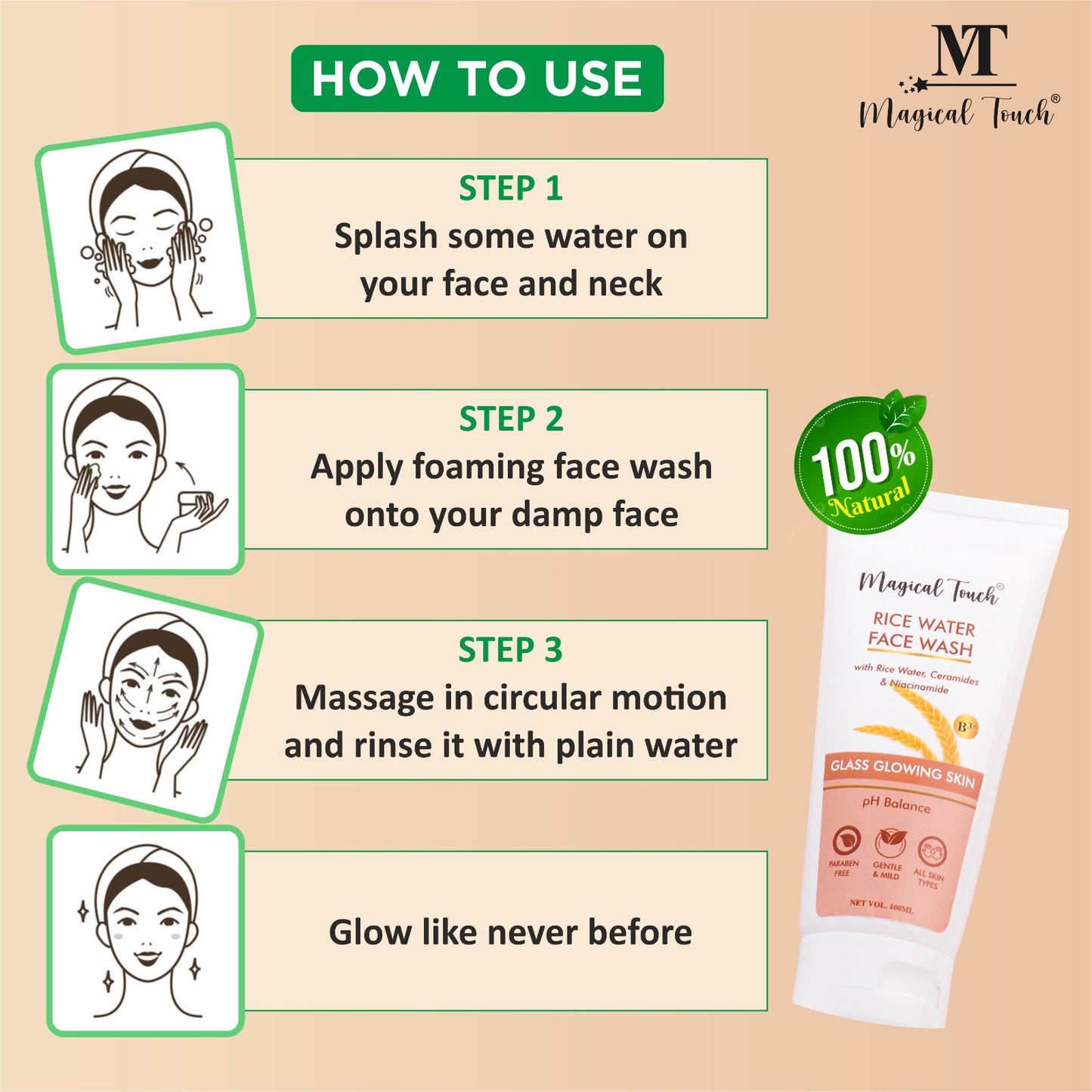 Magical Touch Korean Rice Water Facewash for Glowing Skin | Brightening, Deep Cleansing & Tan Removal | Anti-Dullness & Gentle Daily Cleanser