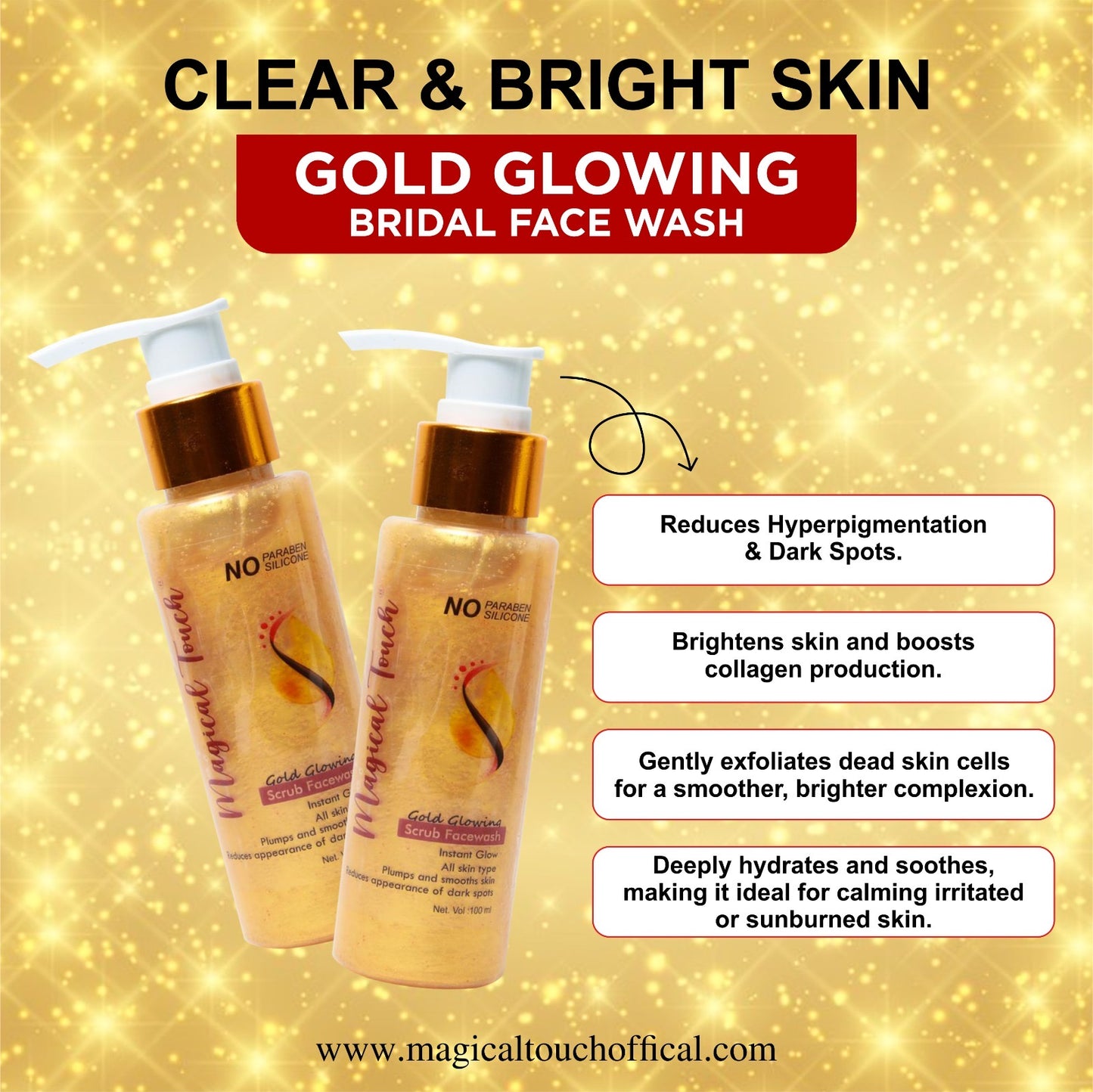 Magical Touch 24K Bridal Gold Glowing Scrub Facewash | Brightening, Tan Removal & Instant Glow for Brides |Whitening, Polishing & Radiant Glow in One Wash | Instant glow.