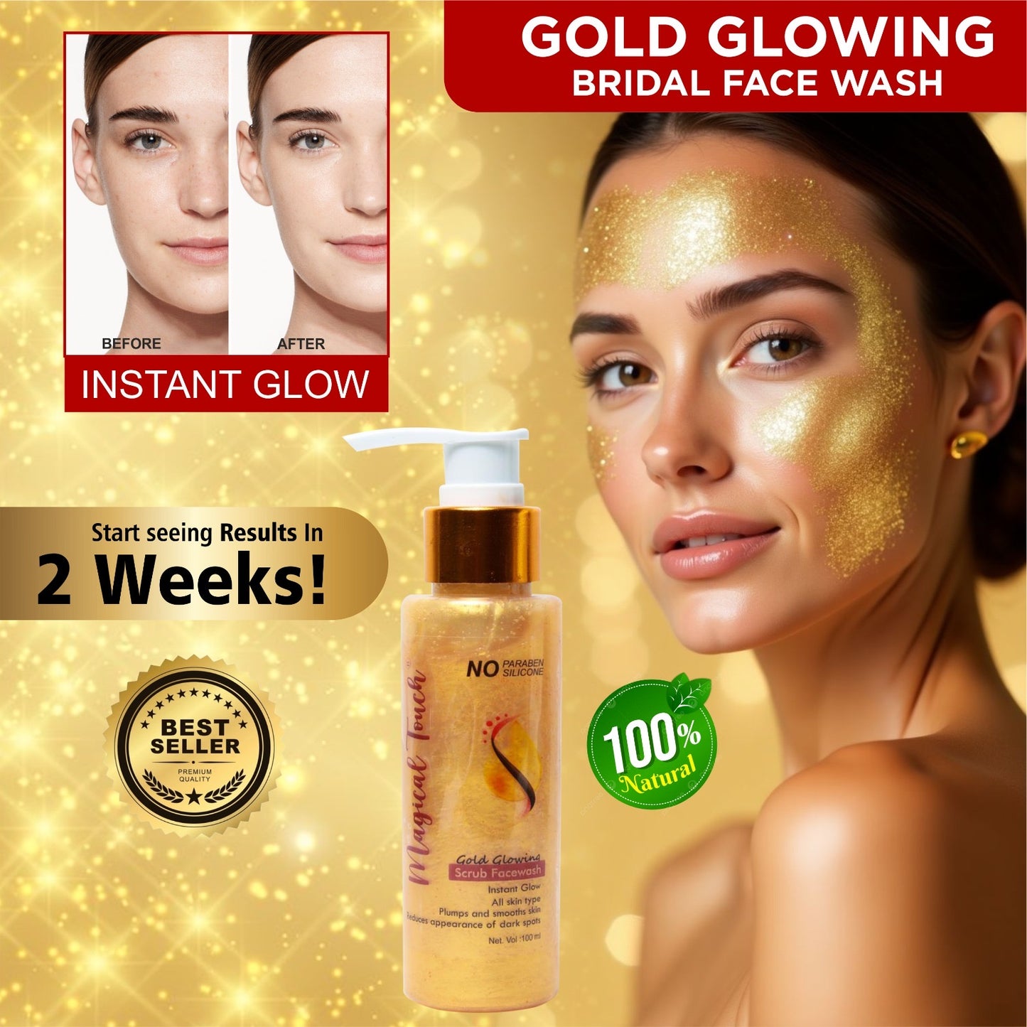 Magical Touch 24K Bridal Gold Glowing Scrub Facewash | Brightening, Tan Removal & Instant Glow for Brides |Whitening, Polishing & Radiant Glow in One Wash | Instant glow.