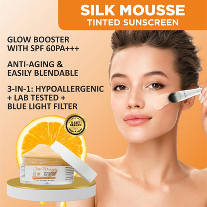 SILK PRIMER with MOUSSE TINTED SUNSREEN SPF 60 PA+++ Blue Light Filter (Lab Tested)