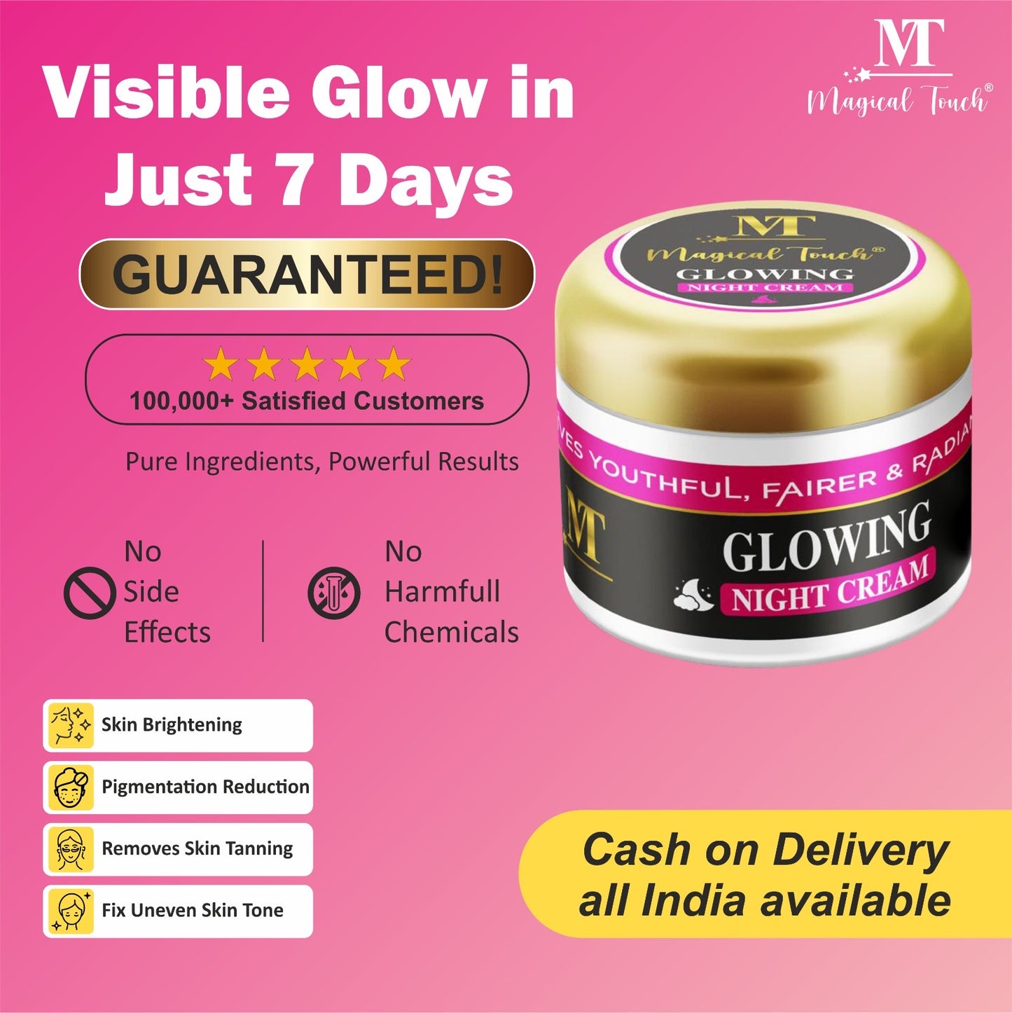 Magical Touch Glowing Night Cream for Bright Skin | Skin Whitening, Repair & Hydration Formula | Removes acne pimples and dark spots (7 days results)