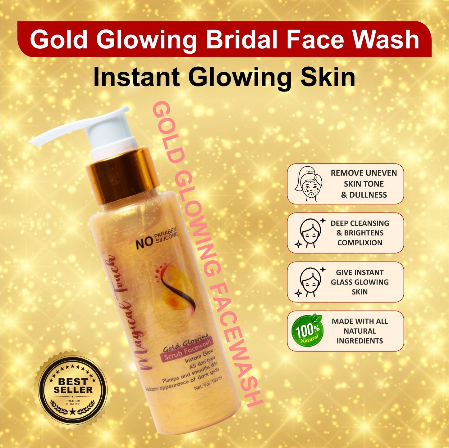 Magical Touch 24K Bridal Gold Glowing Scrub Facewash | Brightening, Tan Removal & Instant Glow for Brides |Whitening, Polishing & Radiant Glow in One Wash | Instant glow.