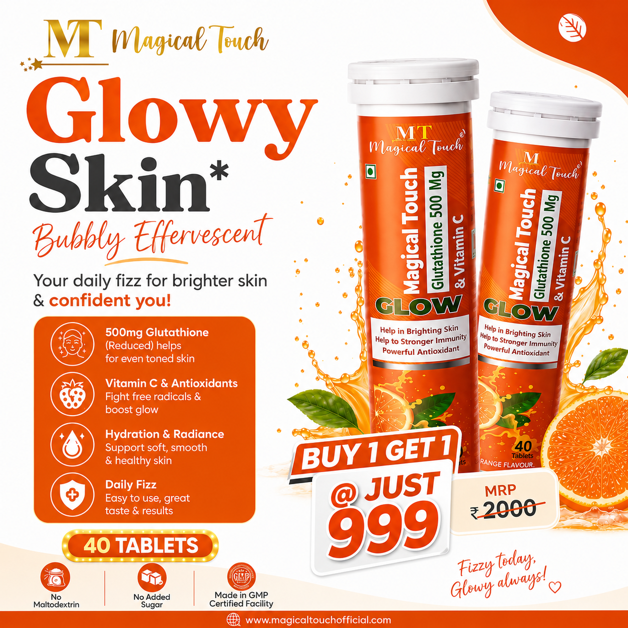 Buy 1 Get 1 Free (40 tablets) - GLUTATHIONE & VITAMIN-C GLOW TABLETS for Skin Brightening. Powerful antioxidant, skin detox & immunity booster (20 tablets)