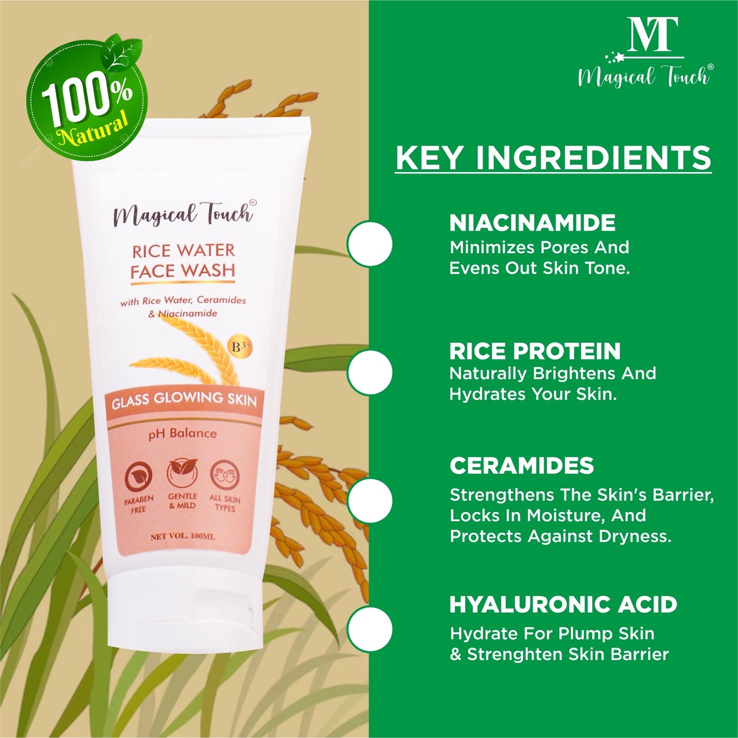 Magical Touch Korean Rice Water Facewash for Glowing Skin | Brightening, Deep Cleansing & Tan Removal | Anti-Dullness & Gentle Daily Cleanser