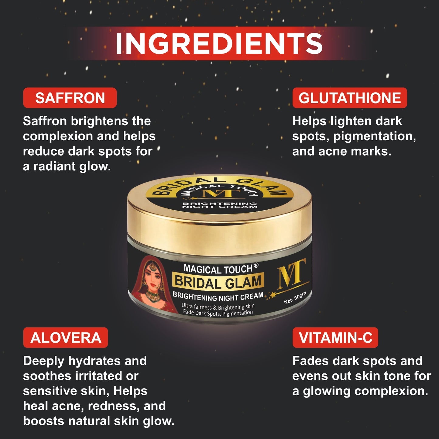 Bridal Glam Brightening Night Cream-  Results in 5 Days | Skin Whitening, Spot Reduction & Glow Boost (50 gms)