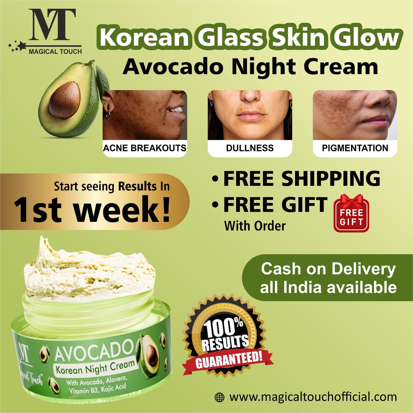 (Buy 2 Get 1) Avocado Korean Night Cream | Skin Brightening and Whitening | Results in 7 Days (30 gms)