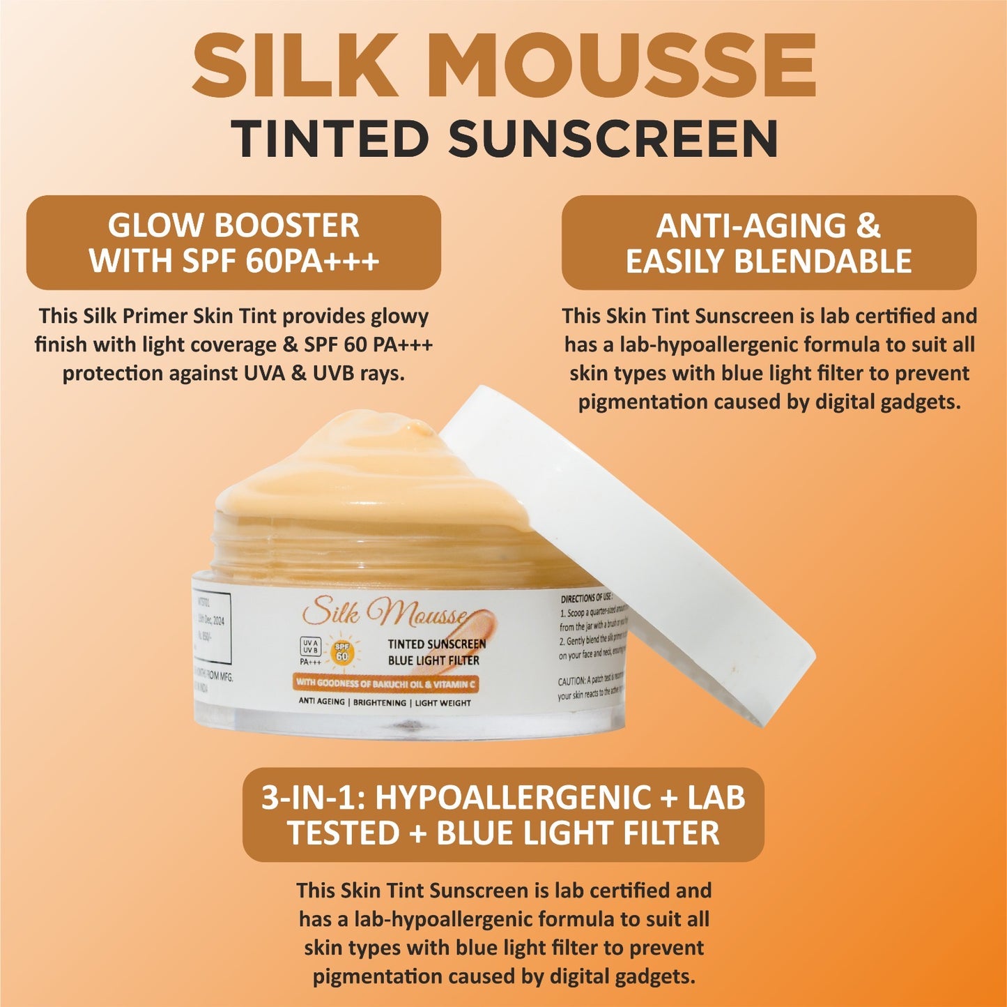 SILK PRIMER with MOUSSE TINTED SUNSREEN SPF 60 PA+++ Blue Light Filter (Lab Tested)