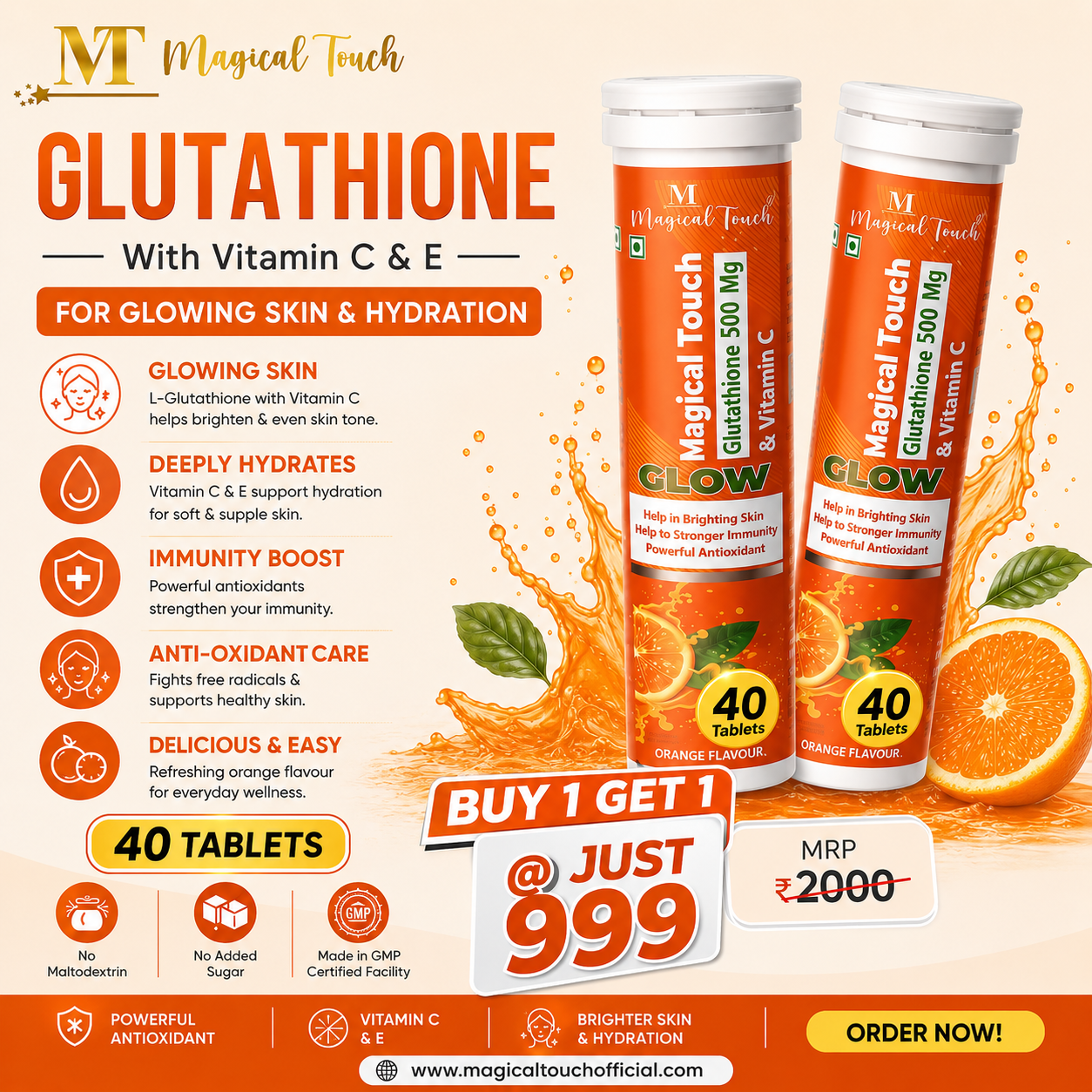 Buy 1 Get 1 Free (40 tablets) - GLUTATHIONE & VITAMIN-C GLOW TABLETS for Skin Brightening. Powerful antioxidant, skin detox & immunity booster (20 tablets)