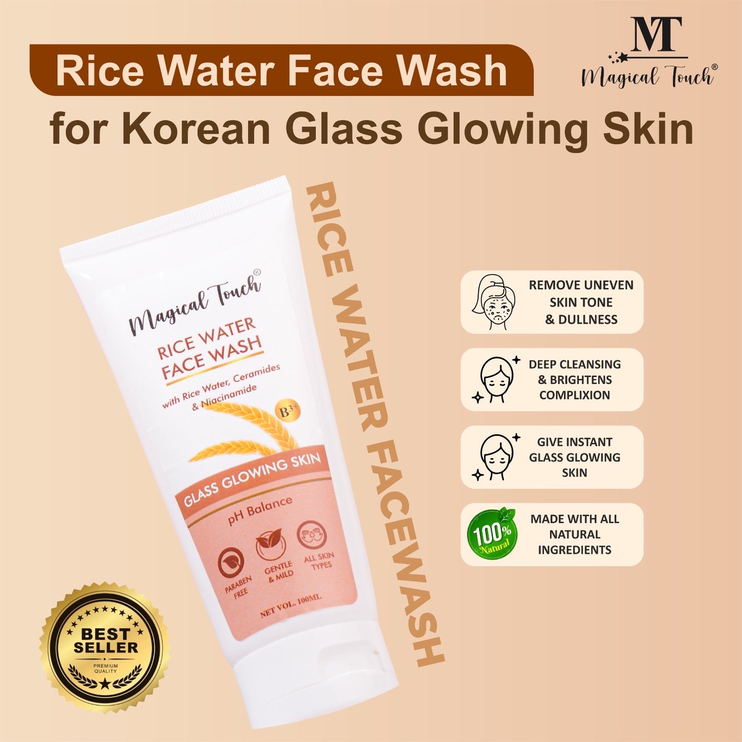 Magical Touch Korean Rice Water Facewash for Glowing Skin | Brightening, Deep Cleansing & Tan Removal | Anti-Dullness & Gentle Daily Cleanser