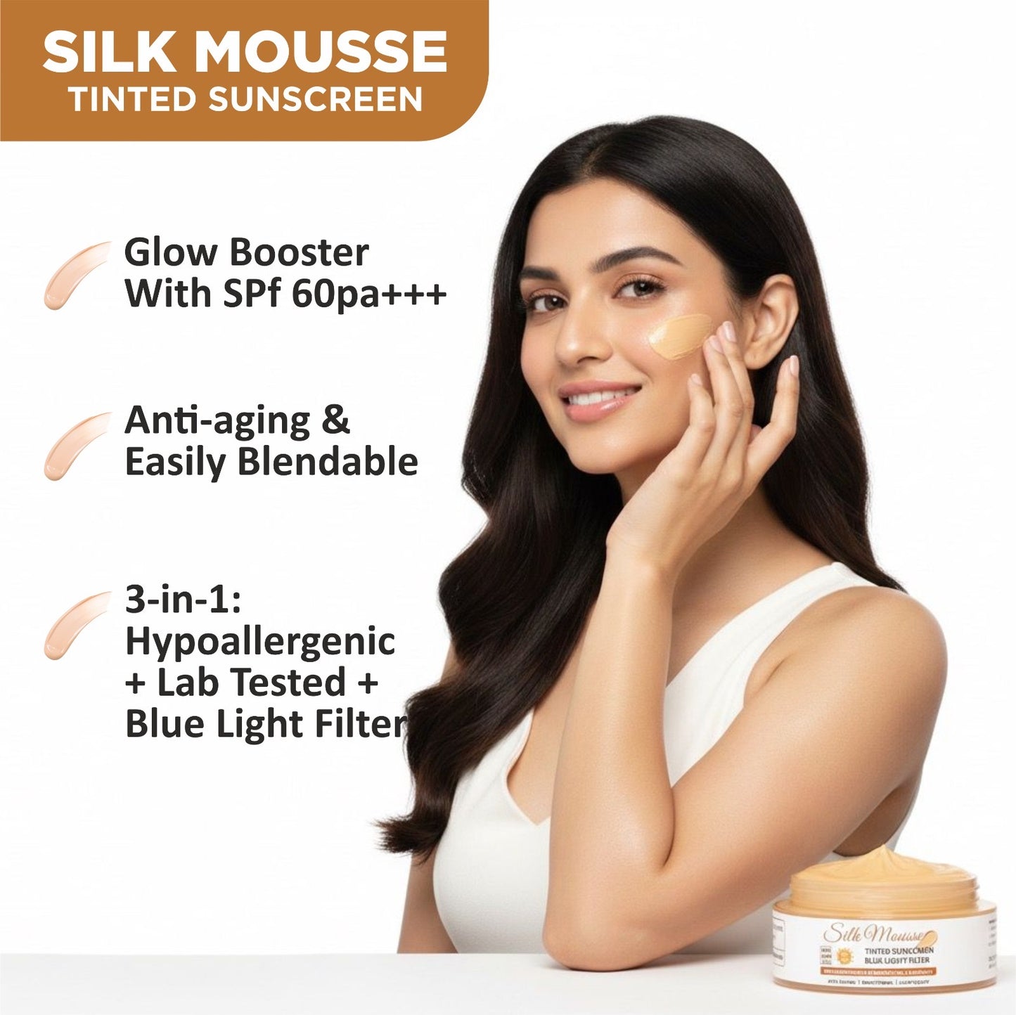 SILK PRIMER with MOUSSE TINTED SUNSREEN SPF 60 PA+++ Blue Light Filter (Lab Tested)