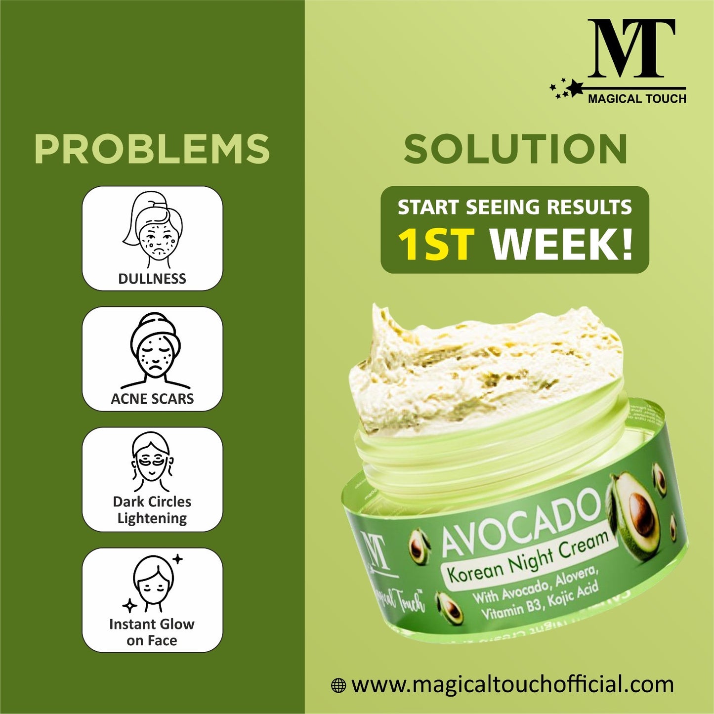 (Buy 2 Get 1) Avocado Korean Night Cream | Skin Brightening and Whitening | Results in 7 Days (30 gms)