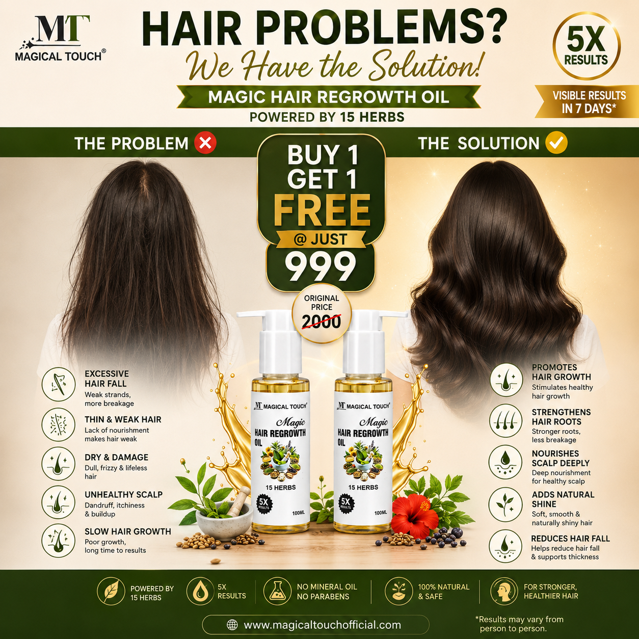 Buy 1 Get 1 Free MAGIC HAIR REGROWTH OIL - Reduces Hair Fall, Nourishes the scalp, Promotes healthy hair regrowth naturally .