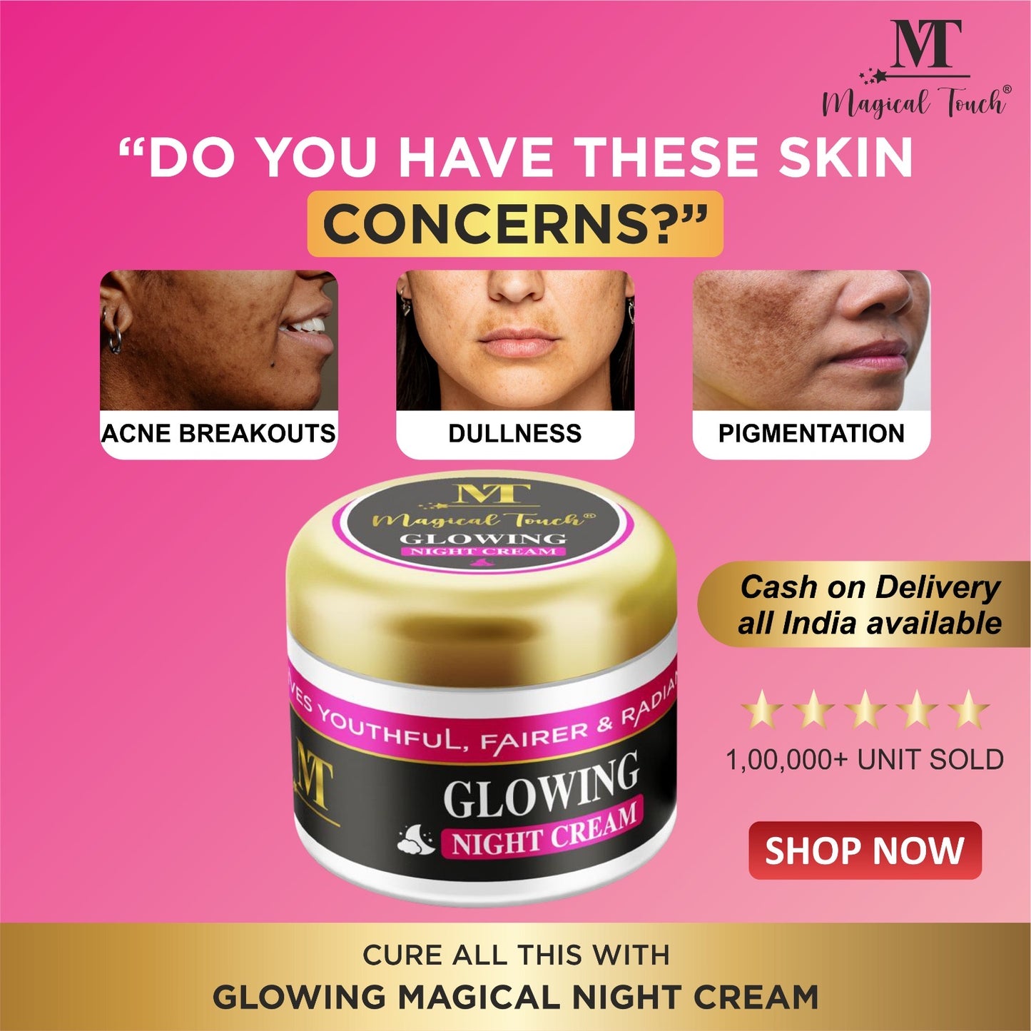 Magical Touch Glowing Night Cream for Bright Skin | Skin Whitening, Repair & Hydration Formula | Removes acne pimples and dark spots (7 days results)