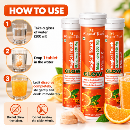 Magical Touch Glow Glutathione 500 mg & Vitamin C Effervescent Tablets | Orange Flavour | 60 Tablets | Pack of 3