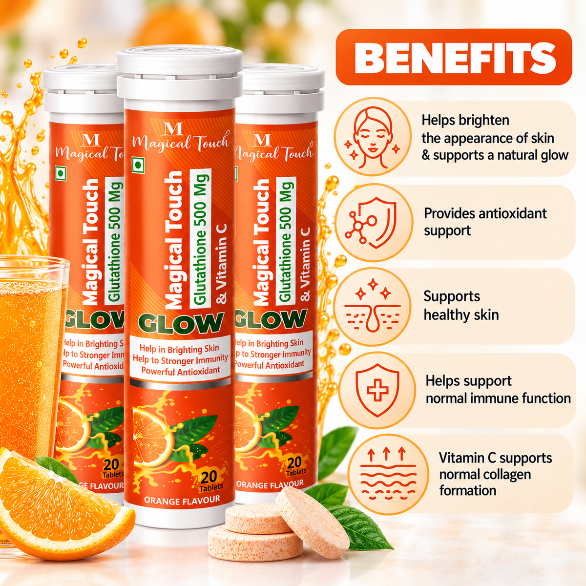 Magical Touch Glow Glutathione 500 mg & Vitamin C Effervescent Tablets | Orange Flavour | 60 Tablets | Pack of 3