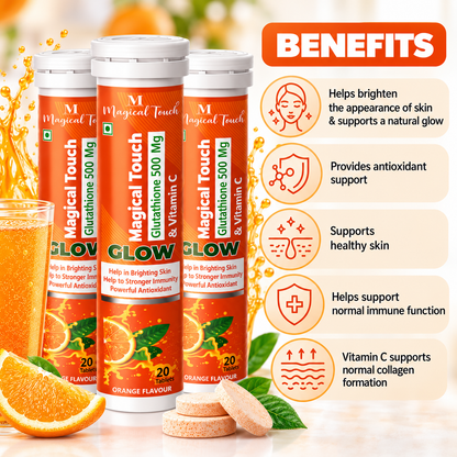 Magical Touch Glow Glutathione 500 mg & Vitamin C Effervescent Tablets | Orange Flavour | 60 Tablets | Pack of 3
