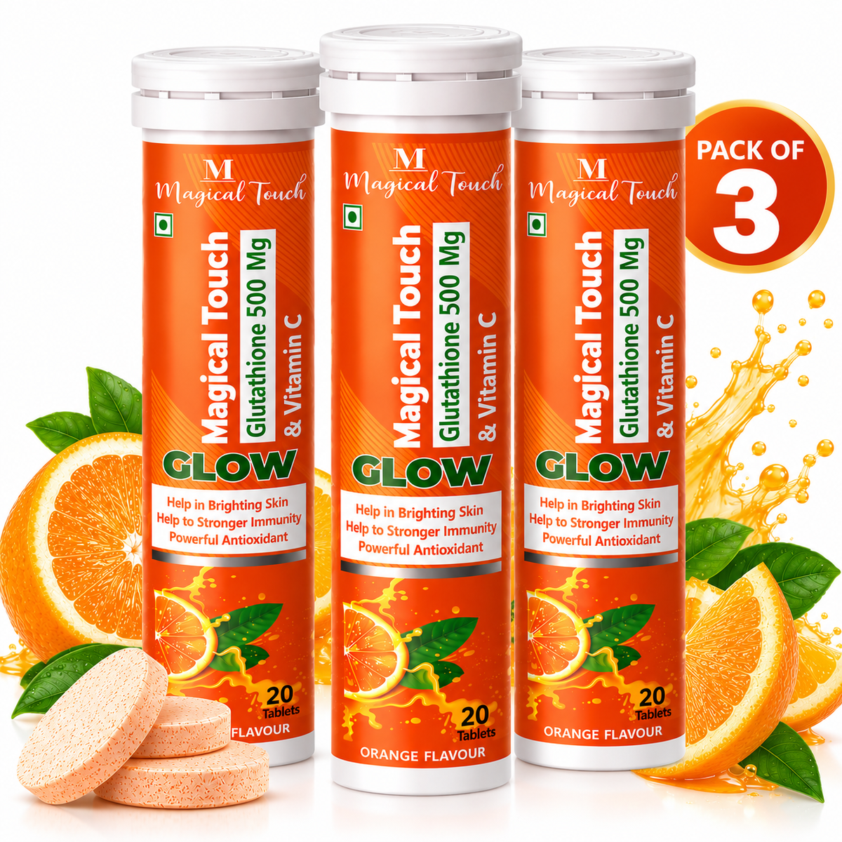 Magical Touch Glow Glutathione 500 mg & Vitamin C Effervescent Tablets | Orange Flavour | 60 Tablets | Pack of 3