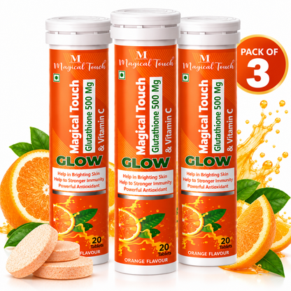 Magical Touch Glow Glutathione 500 mg & Vitamin C Effervescent Tablets | Orange Flavour | 60 Tablets | Pack of 3
