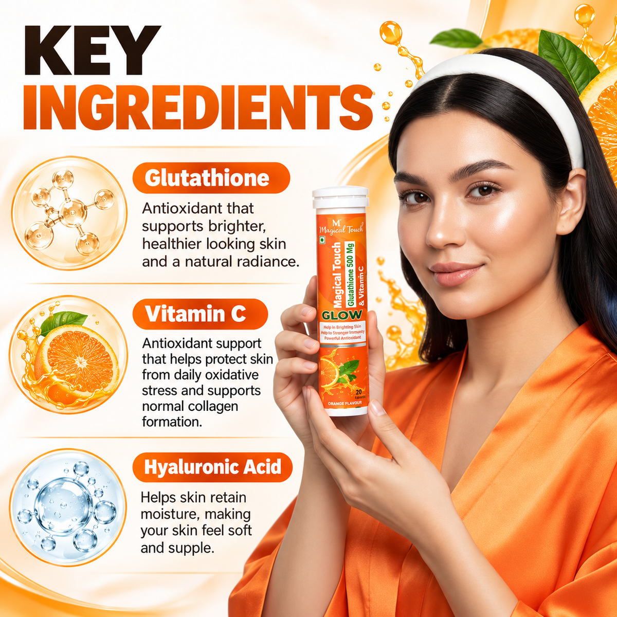 Magical Touch Glow Glutathione 500 mg & Vitamin C Effervescent Tablets | Orange Flavour | 60 Tablets | Pack of 3