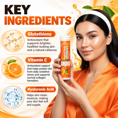 Magical Touch Glow Glutathione 500 mg & Vitamin C Effervescent Tablets | Orange Flavour | 60 Tablets | Pack of 3