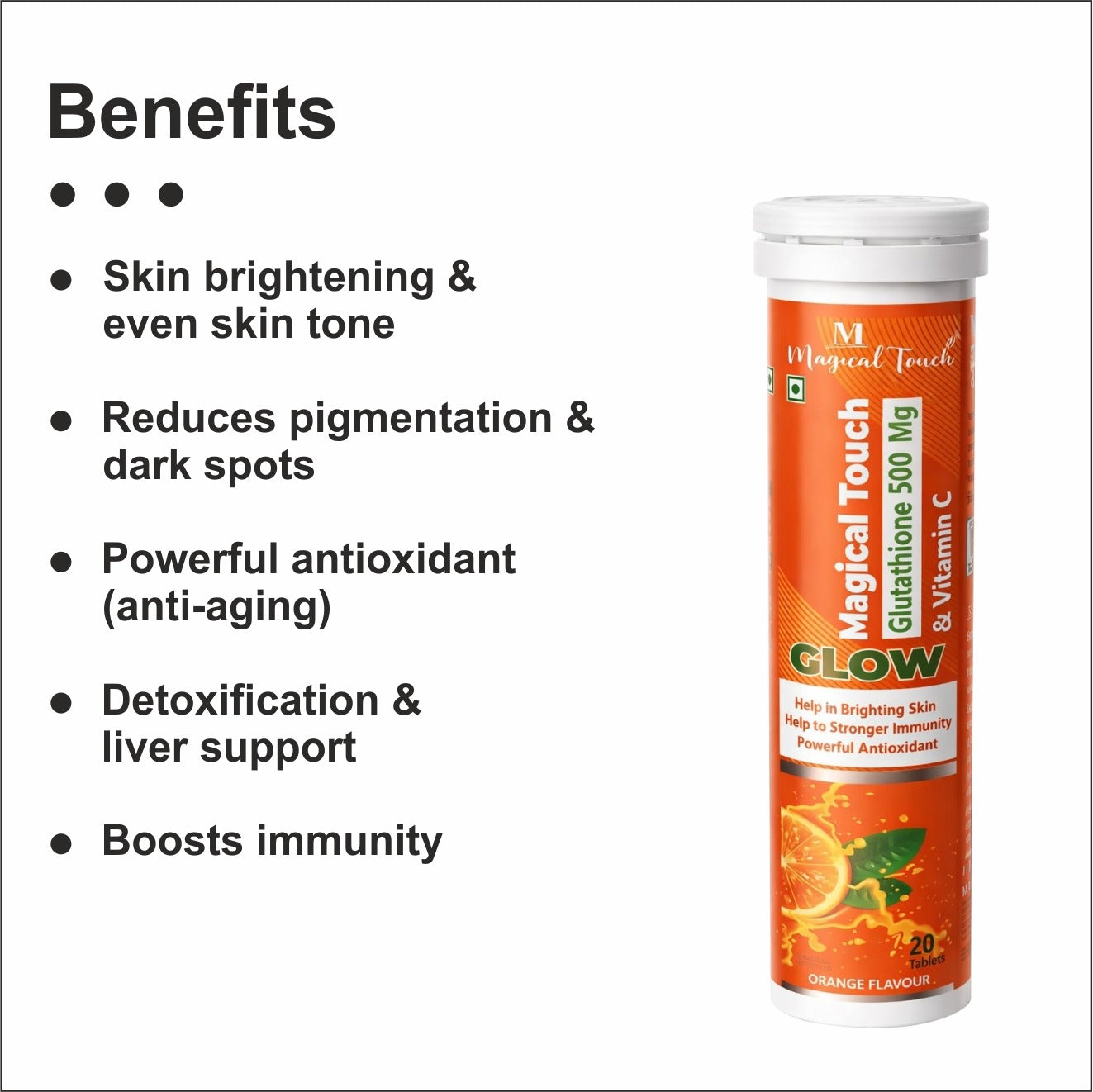 Pack of 2- GLUTATHIONE & VITAMIN-C GLOW TABLETS for Skin Brightening. Powerful antioxidant, skin detox & immunity booster (20 tablets)